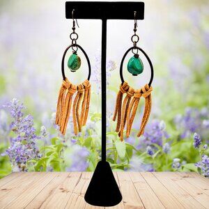 Boho Turquoise Stone Leather Fringe Hoop Earrings Western Festival Statement